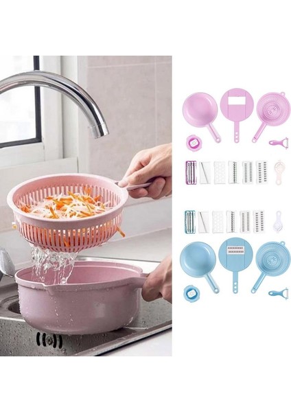 Pembe Sebze Doğrayıcı 7 Bıçaklı ve Konteyner Mutfak Çok Fonksiyonlu Salata Gereçleri Sebze Doğrayıcı Havuç Patates Manuel Parçalayıcı (Yurt Dışından) fiyatları
