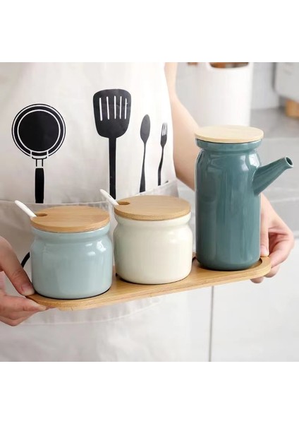 BLUE-300ML Seramik Baharat Rafı Tuzluk Biber Sirke Yağı Şişesi Şeker Biber Çeşni Kutusu Baharat Saklama Kavanoz Seti Ev Mutfak (Yurt Dışından)