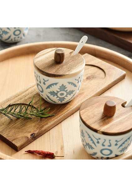 Model 2 Mutfak Baharat Kutusu Üç Parçalı Set Kaşık Seramik Baharat Şeker Tuzluk Kabartmalı Yuvarlak Baharat Kutusu Baharat Kavanozları Seti (Yurt Dışından)