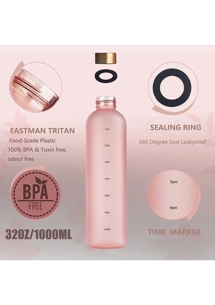 Pembe Şerit 1000 ml 1 Litre Su Şişesi Motivasyon Içme Şişesi Spor Su Şişeleri Zaman Işaretleyici Çıkartmalar ile Taşınabilir Yeniden Kullanılabilir Plastik Bardaklar (Yurt Dışından)
