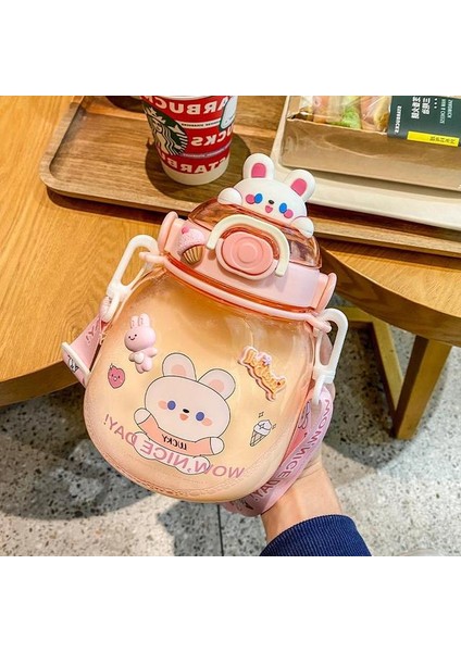 Pembe Etiket ile Taşınabilir Kawaii Ayı Fincan 1.3l Tumbler Samanlı Sevimli Su Şişesi Kız Çocuk Için Büyük Kapasiteli Kupa Açık Spor Içme Su Isıtıcısı (Yurt Dışından)