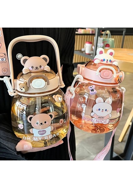 Pembe Etiket ile Taşınabilir Kawaii Ayı Fincan 1.3l Tumbler Samanlı Sevimli Su Şişesi Kız Çocuk Için Büyük Kapasiteli Kupa Açık Spor Içme Su Isıtıcısı (Yurt Dışından)
