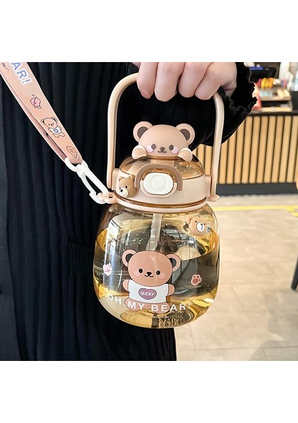 Pembe Etiket ile Taşınabilir Kawaii Ayı Fincan 1.3l Tumbler Samanlı Sevimli Su Şişesi Kız Çocuk Için Büyük Kapasiteli Kupa Açık Spor Içme Su Isıtıcısı (Yurt Dışından)