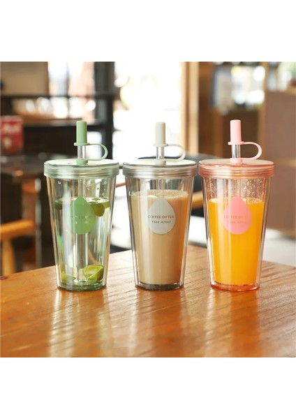 520ML Yeşil 1 Adet 420ML Pipetli Plastik Su Şişesi Kahve Fincanı Süt Meyve Suyu Fincanı Drinkware Kapaklı Bardaklar Saman Taşınabilir Yeniden Kullanılabilir Içme Suyu Şişesi (Yurt Dışından)