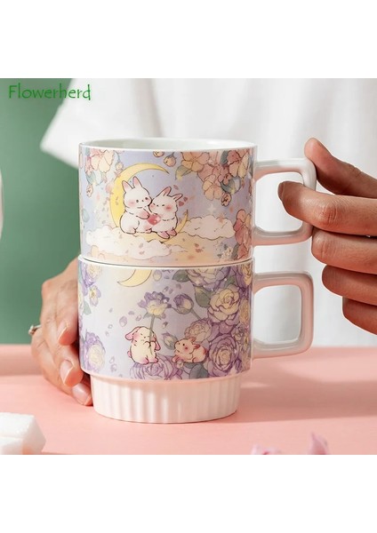 A01 Yüksek Değerli Çiçek Tavşan Seramik Bardak Istiflenebilir Kupa ve Bardak Altlığı Içme Çay Bardağı Kız Sevimli Süt Yulaf Ezmesi Kahve Fincanı Ev Su Bardağı (Yurt Dışından) indirimleri