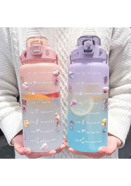 B-Pink Sopalarla 2000ML 2l Kapasiteli Çift Bardak Pipetli Bardak Zaman Ölçeği Su Şişesi Plastik Su Bardağı Büyük Öğrenci Buzlu Yüksek Sıcaklık Doğa Sporları (Yurt Dışından)