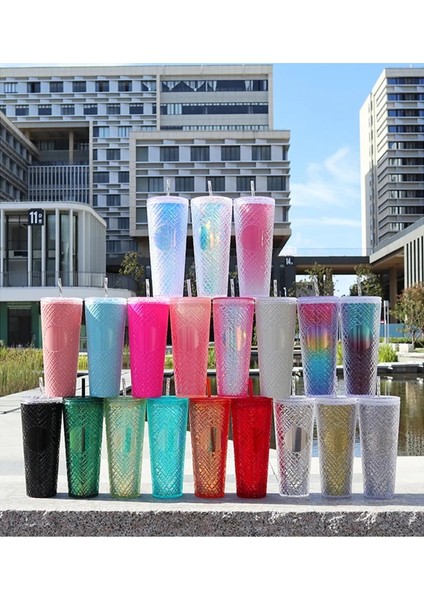 Ordu Yeşili - B 710ML - Logo Yok Creative 700ML 710ML 22OZ 24OZ Yeniden Kullanılabilir Çift Duvar Elmas Kafesli Plastik Pipetli Bardak Kahve Kupa Starbks Logosu Yok (Yurt Dışından)