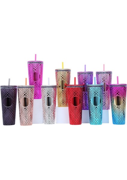 Ordu Yeşili - B 710ML - Logo Yok Creative 700ML 710ML 22OZ 24OZ Yeniden Kullanılabilir Çift Duvar Elmas Kafesli Plastik Pipetli Bardak Kahve Kupa Starbks Logosu Yok (Yurt Dışından)