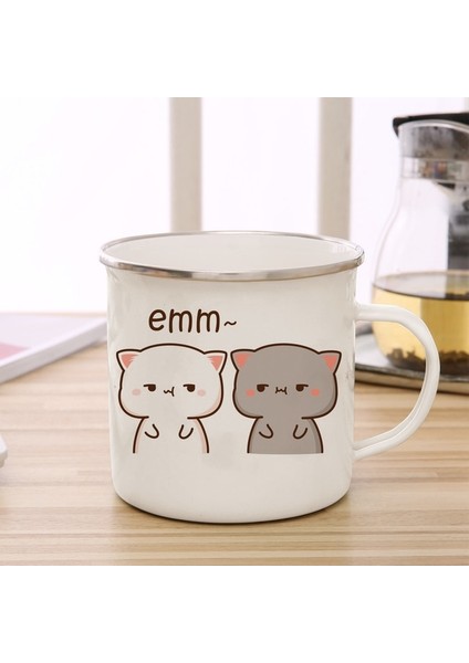 Stil 1 Beyaz Şeftali ve Goma Kedi Emaye Kahve Çay Bardağı Sevimli Hayvan Kahvaltı Tatlı Süt Su Bardağı Çift Hediye (Yurt Dışından)