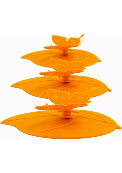 Turuncu 3 Parça Me.fam Moda Renkli Güzel 3D Kelebek + Yapraklar Silikon Bardak Kapağı 10.5 cm Toz Geçirmez Mühür Kapak Cam Seramik Plastik Kupa Kapağı (Yurt Dışından)