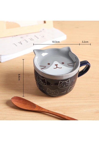 Kedi C 300 ml Sevimli Seramik Kedi Fincan Shiba Inu Kahve Fincanları Kapaklı Kupa Kişilik Hediye Karikatür Kawaii Çocuk Kahvaltı Yulaf Sütü Kupalar Tumbler Fincan (Yurt Dışından)