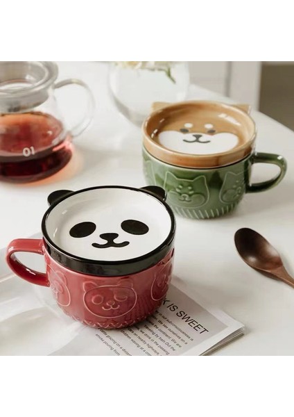 Kedi C 300 ml Sevimli Seramik Kedi Fincan Shiba Inu Kahve Fincanları Kapaklı Kupa Kişilik Hediye Karikatür Kawaii Çocuk Kahvaltı Yulaf Sütü Kupalar Tumbler Fincan (Yurt Dışından)