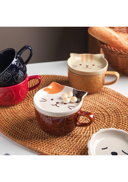 Kedi C 300 ml Sevimli Seramik Kedi Fincan Shiba Inu Kahve Fincanları Kapaklı Kupa Kişilik Hediye Karikatür Kawaii Çocuk Kahvaltı Yulaf Sütü Kupalar Tumbler Fincan (Yurt Dışından)