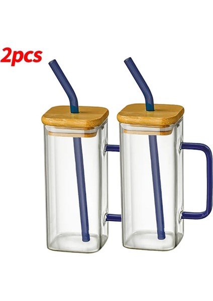 Set D 400ML 400ML Kare Kapaklı ve Pipetli Kupa Tek Renkli Sap Katmanlı Içecek Bardağı Bardak Soda Buzlu Kahve Süt Kabarcık Çay Su (Yurt Dışından)