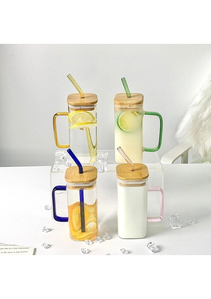 Set D 400ML 400ML Kare Kapaklı ve Pipetli Kupa Tek Renkli Sap Katmanlı Içecek Bardağı Bardak Soda Buzlu Kahve Süt Kabarcık Çay Su (Yurt Dışından)