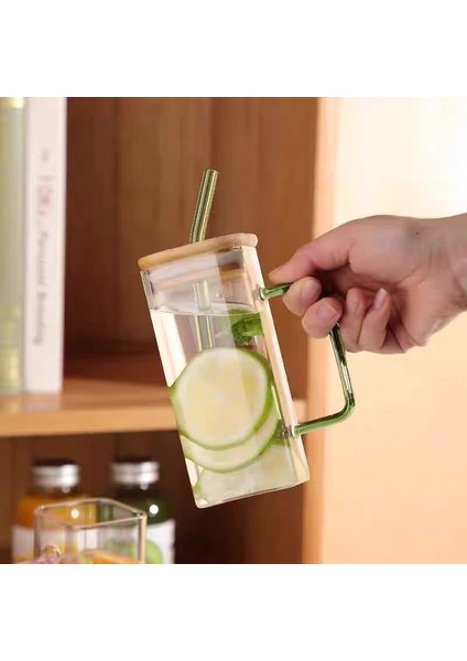 Set D 400ML 400ML Kare Kapaklı ve Pipetli Kupa Tek Renkli Sap Katmanlı Içecek Bardağı Bardak Soda Buzlu Kahve Süt Kabarcık Çay Su (Yurt Dışından)