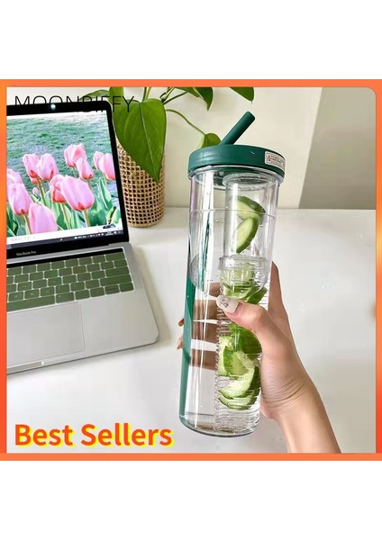 Yeşil 580ML 0.7l Katlanabilir Pipetli Sevimli Su Şişesi 700ML Su Şişesi Meyve Çayı Dahili Filtre Bardak Taşınabilir Ofis Drinkware Açık Çalkalayıcı (Yurt Dışından)