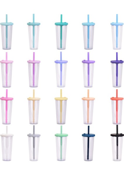 Şeffaf Stil 1 700ML 22OZ Çift Duvar Şeffaf Yeniden Kullanılabilir Sıska Plastik Bardak Çift Duvar Pipetli Bardak Içme Suyu Şişesi (Yurt Dışından)