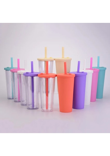 Şeffaf Stil 1 700ML 22OZ Çift Duvar Şeffaf Yeniden Kullanılabilir Sıska Plastik Bardak Çift Duvar Pipetli Bardak Içme Suyu Şişesi (Yurt Dışından)