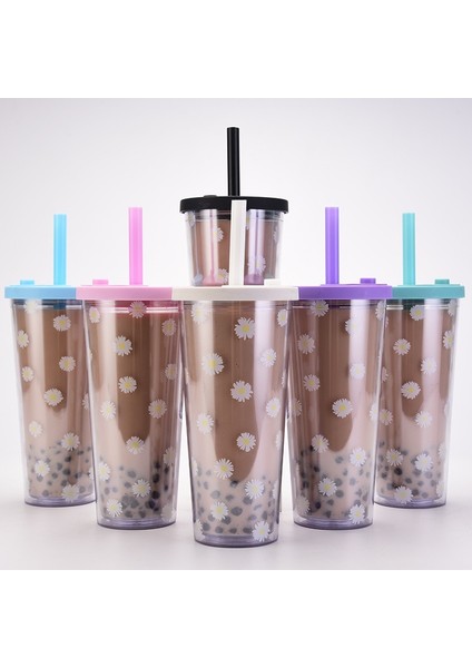 Şeffaf Stil 1 700ML 22OZ Çift Duvar Şeffaf Yeniden Kullanılabilir Sıska Plastik Bardak Çift Duvar Pipetli Bardak Içme Suyu Şişesi (Yurt Dışından)