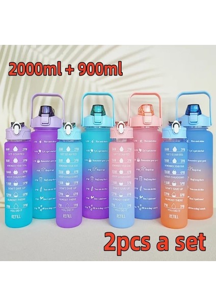 900ML Pembe 2000ML ve 900ML 2ADET Zaman Işaretleyicili Spor Su Şişesi Saman Bardak Taşınabilir Yeniden Kullanılabilir Plastik Bardak Açık Seyahat Spor Salonu Taşınabilir (Yurt Dışından)