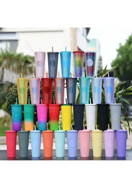 Açık Sarı 24 Oz Elmas Saman Kapaklı Bardak Büyük Kapasiteli Su Şişesi Bpa Ücretsiz Akrilik Çivili Yalıtımlı Su Kahve Fincanı Seyahat Kupa (Yurt Dışından)