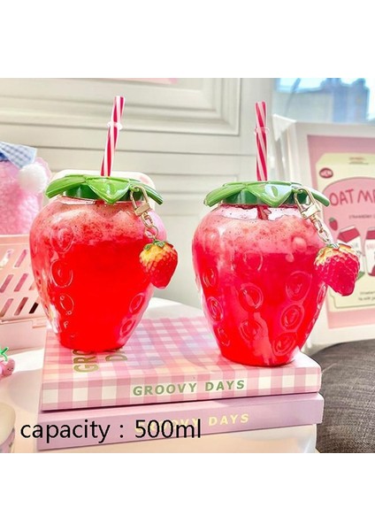 Karpuz Bardağı 401-500ML 500ML Yaz Sevimli Çilek Saman Su Şişesi Süt Kahve Saman Bardağı Ev Için Pipetli Su Şişesikızlar Için Su Şişesi (Yurt Dışından)