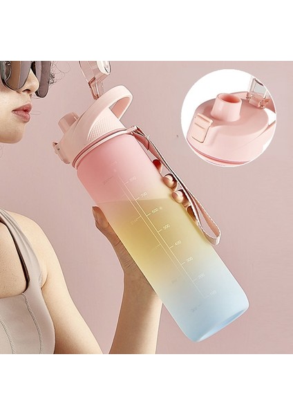 Degrade Mavi-B 1000ML 1 Litre Degrade Su Şişesi Motivasyon Spor Pipetli Şişe ve Halat Sızdırmaz Içme Şişesi Açık Seyahat Spor Salonu Fitness (Yurt Dışından)