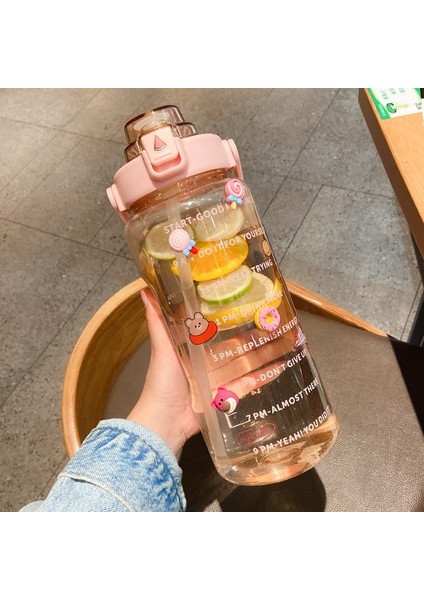 A-Pink Çubuklu 2000ML 2 Litre Pipetli Su Şişesi Kadın Kızlar Büyük Taşınabilir Seyahat Şişeleri Spor Fitness Fincan Yaz Soğuk Su Zaman Ölçeği ile (Yurt Dışından)