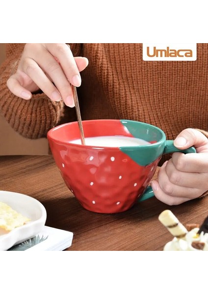 Çilek Tabağı 400 ml Çilek Kase Kawaii Kahvaltı Kupa Bardak Seramik Tabak Yemekleri Depolama Sevimli Tatlı Salata Kasesi Mikrodalga Güvenli Yemek Takımı (Yurt Dışından)