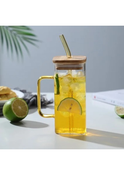 Sarı 400ML 400ML Kapaklı ve Pipetli Kare Kupa Tek Renkli Saplı Katmanlı Içecek Cam Bardak Soda Buzlu Kahve Süt Kabarcık Çay Su (Yurt Dışından)