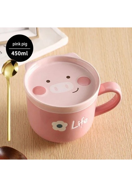Pembe PIG450ML 400-450ML 300/450ML Karikatür Hayvan Seramik Kapaklı Kupa Kahvaltı Yulaf Ezmesi Bardak ve Tabak Süt Kahve Kaşıklı Kupa Mikrodalga Fırın Güvenli (Yurt Dışından)