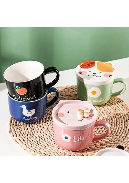 Pembe PIG450ML 400-450ML 300/450ML Karikatür Hayvan Seramik Kapaklı Kupa Kahvaltı Yulaf Ezmesi Bardak ve Tabak Süt Kahve Kaşıklı Kupa Mikrodalga Fırın Güvenli (Yurt Dışından)