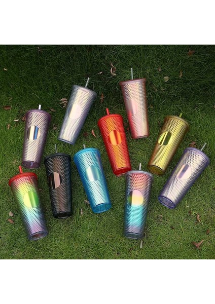 Style-G 550ML 710ML Çift Katmanlı Kahve Fincanı Kapaklı Samanlı Elektroliz Durian Fincan 24OZ Elmas Kravat Glitter Fincan Soğuk Içecek Bardak Şişe (Yurt Dışından)