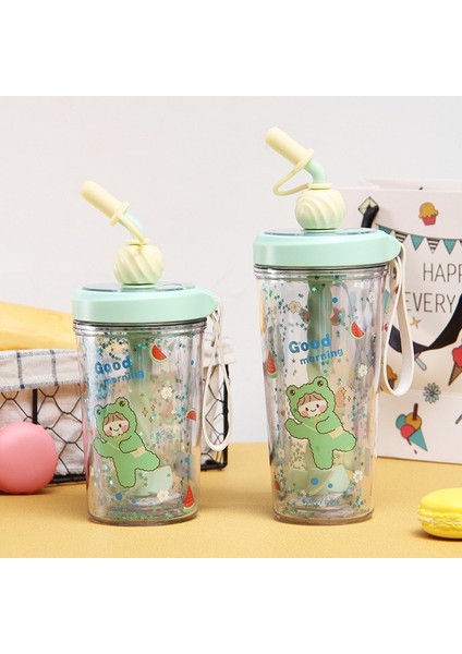 Yeşil 330ML 330ML Yaratıcı Karikatür Karıştırma Kupası Öğrenci Çocuk Saman Bardağı Açık Sızdırmaz Spor Seyahat Su Isıtıcısı Içme Suyu Şişesi (Yurt Dışından)