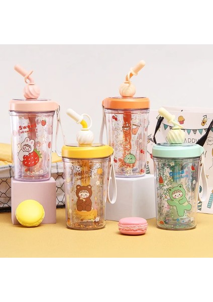 Yeşil 330ML 330ML Yaratıcı Karikatür Karıştırma Kupası Öğrenci Çocuk Saman Bardağı Açık Sızdırmaz Spor Seyahat Su Isıtıcısı Içme Suyu Şişesi (Yurt Dışından)