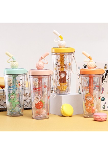 Yeşil 330ML 330ML Yaratıcı Karikatür Karıştırma Kupası Öğrenci Çocuk Saman Bardağı Açık Sızdırmaz Spor Seyahat Su Isıtıcısı Içme Suyu Şişesi (Yurt Dışından)