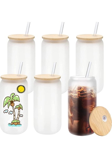 WHITE-16OZ 12/16OZ Süblimasyon Cam Boşlukları Bambu Kapaklı Borosilikat Gözlük Tumbler Mason Kavanoz Bardak Kupa Yeniden Kullanım Saman ile Glitter Fincan (Yurt Dışından)