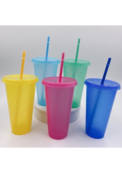 S5 9.8X6X17.3 cm Payetli Glitter Saman Bardak Yeniden Kullanılabilir Gıda Sınıfı Hasır Kapaklı Kupalar Plastik Bardak Mat Kahve Suyu Süt Çay Içme Şişesi (Yurt Dışından)