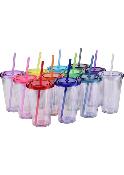 D 16OZ Popüler 16OZ Düz Bardak Akrilik Su Şişesi Kapaklı ve Saman Çift Duvar Şeffaf Meyve Suyu Süt Bardak Doğum Günü Partisi Için (Yurt Dışından)