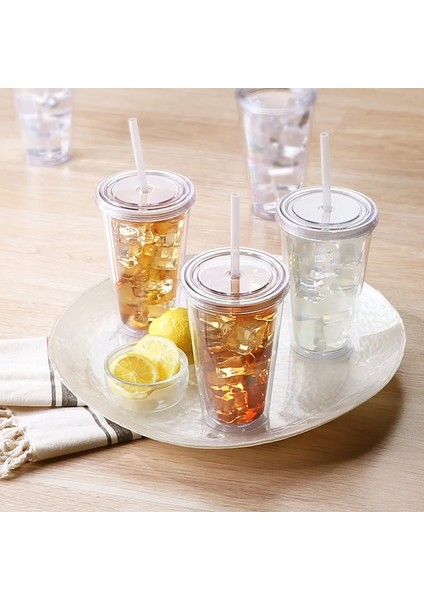 D 16OZ Popüler 16OZ Düz Bardak Akrilik Su Şişesi Kapaklı ve Saman Çift Duvar Şeffaf Meyve Suyu Süt Bardak Doğum Günü Partisi Için (Yurt Dışından)