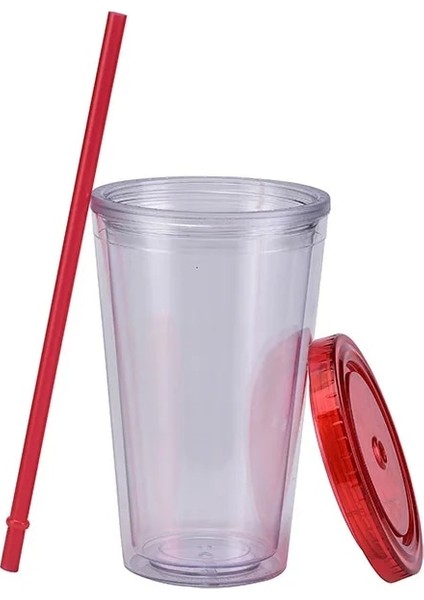 D 16OZ Popüler 16OZ Düz Bardak Akrilik Su Şişesi Kapaklı ve Saman Çift Duvar Şeffaf Meyve Suyu Süt Bardak Doğum Günü Partisi Için (Yurt Dışından)