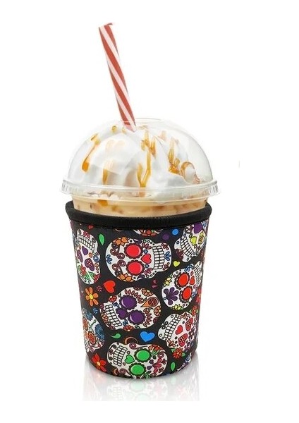 Çiçek Şeker Kafatası Yeniden Kullanılabilir Buzlu Kahve Kol Kupası Soğuk Içecekler Için Izolatör Içecekler ve Çoğu Kahve Için Neopren Tutucu 16-18OZ Bardaklar (Yurt Dışından)