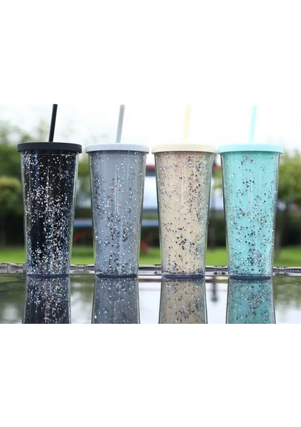 Kırmızı 24OZ/710ML Su Pipetli Bardak Glitter Çift Duvar Dalgalı Kenar Düz Bardak Suyu Buzlu Kahve Fincanı Günlük Kullanım (Yurt Dışından)