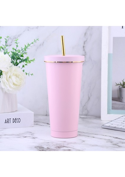 Altın Jantlı Pembe 750ML 500/750ML Yalıtımlı Paslanmaz Çelik Bardak Kapaklı Bardak Saman Vakum Seyahat Kahve Kupa Sıcak Soğuk Içecekler Için Yeniden Kullanılabilir Su Şişesi (Yurt Dışından)
