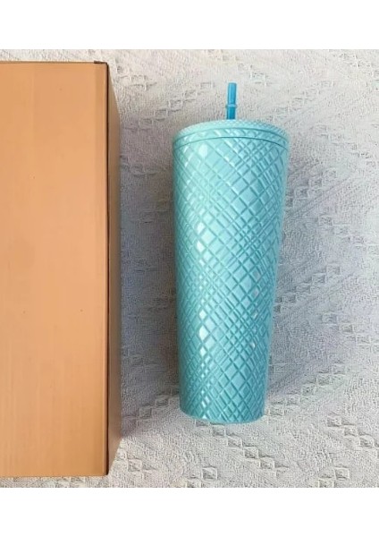 Gök Mavisi 701-800ML Elmas Radyant Tanrıça Kupası Logo'lu 710ML Yaz Soğuk Su Bardağı Samanlı Bardak Çift Katmanlı Plastik Durian Kahve Kupa (Yurt Dışından)