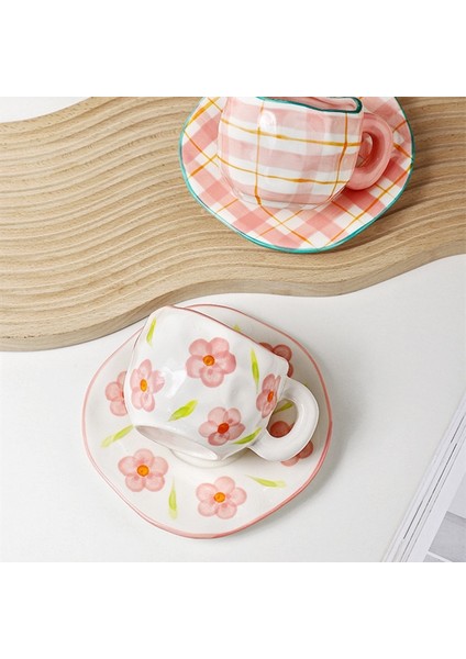 B4 El-Boyalı Çiçekli Seramik Kahve Fincanı Ofis Kupa Tabağı ile Ev Kahvaltı Süt Suyu Çay Kolu Bardak Hediye Mikrodalga Güvenli (Yurt Dışından) indirimleri