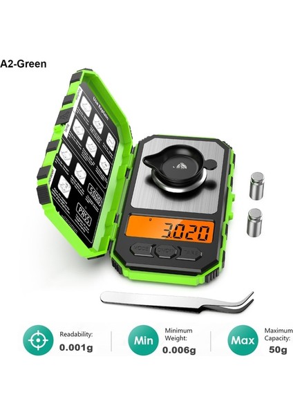 A2--Yeşil 0.001G Elektronik Dijital Terazi Taşınabilir Mini Ölçekli Hassas Profesyonel Cep Ölçeği Miligram 50G Kalibrasyon Ağırlıkları (Yurt Dışından) fiyatları
