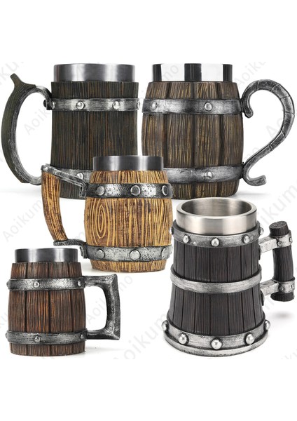 BM020-1 501-600 ml Yeni Viking Ahşap Tahıl Bira Kupa 304 Paslanmaz Çelik Ortaçağ Tavern Ahşap Taklit Varil Tankard Bira Kupa Kahve Fincanı Erkekler Hediye (Yurt Dışından)