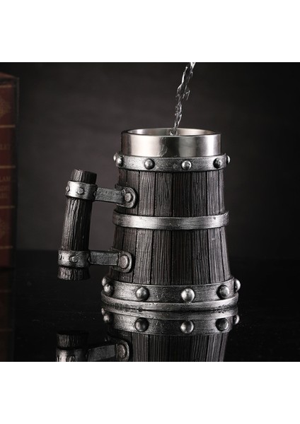 BM020-1 501-600 ml Yeni Viking Ahşap Tahıl Bira Kupa 304 Paslanmaz Çelik Ortaçağ Tavern Ahşap Taklit Varil Tankard Bira Kupa Kahve Fincanı Erkekler Hediye (Yurt Dışından)